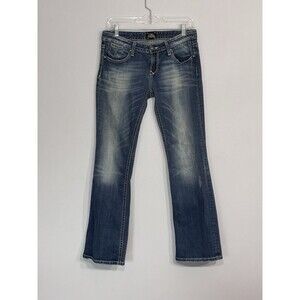 Rerock Express Women's Bootcut Blue Denim Distressed Jeans Size 8R Embroidered